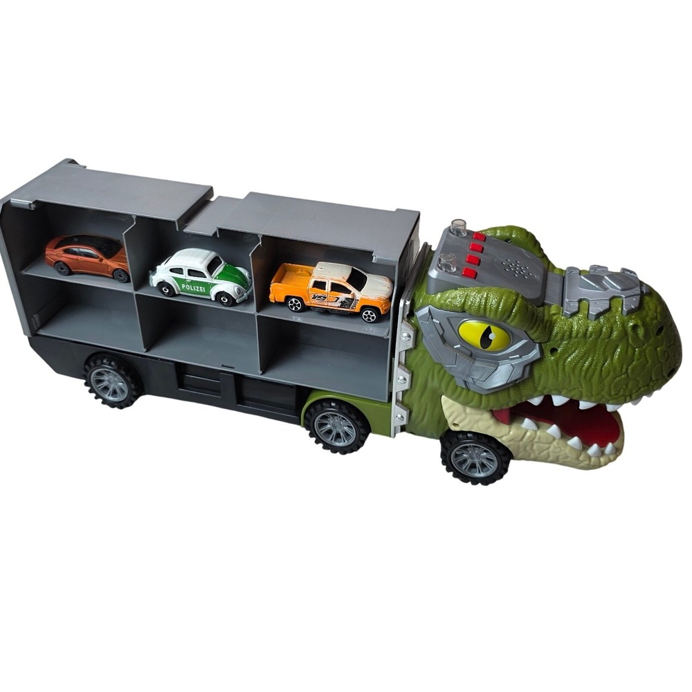 Dinosaur T-Rex Car Hauler Truck Toy with 3 Die-Cast Cars Lights and Sound G1